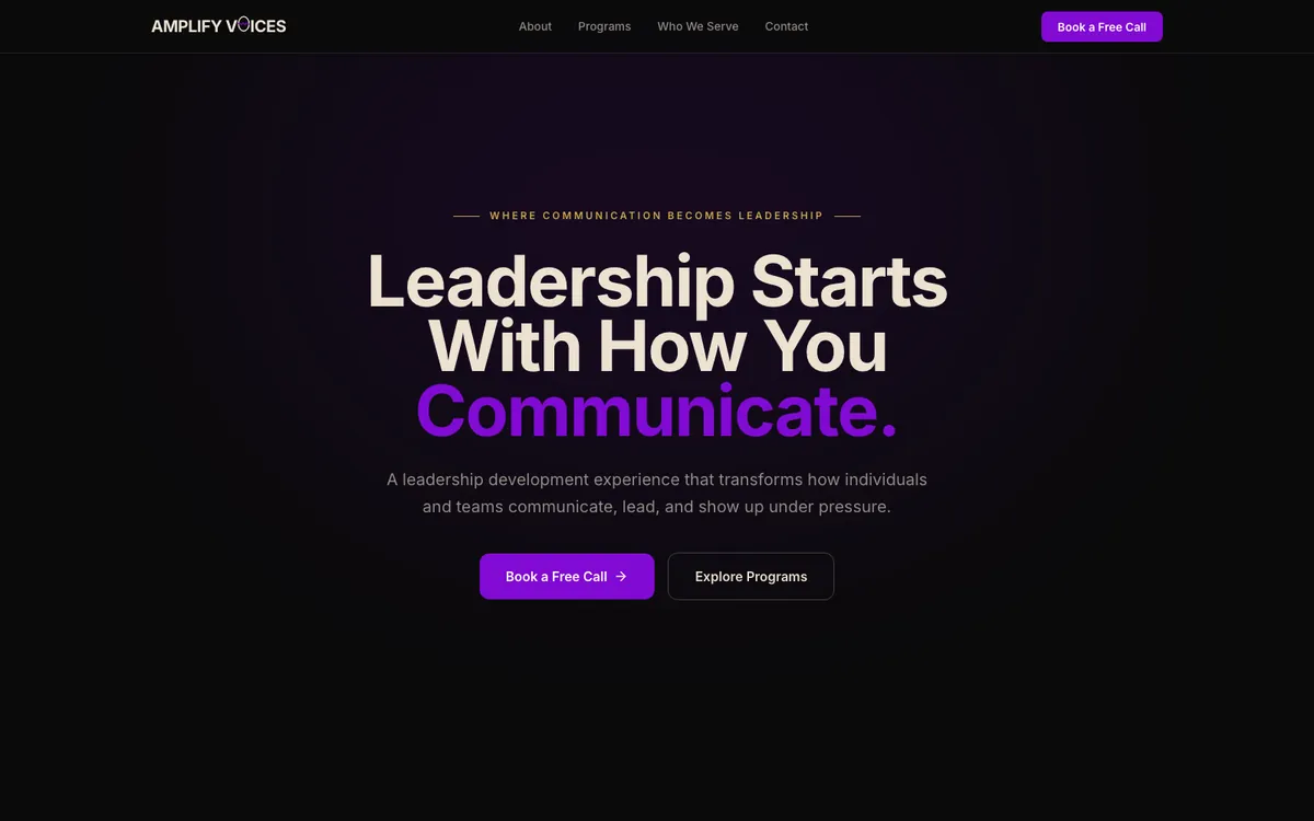 Amplify Voices homepage showing leadership communication positioning and program pathways.