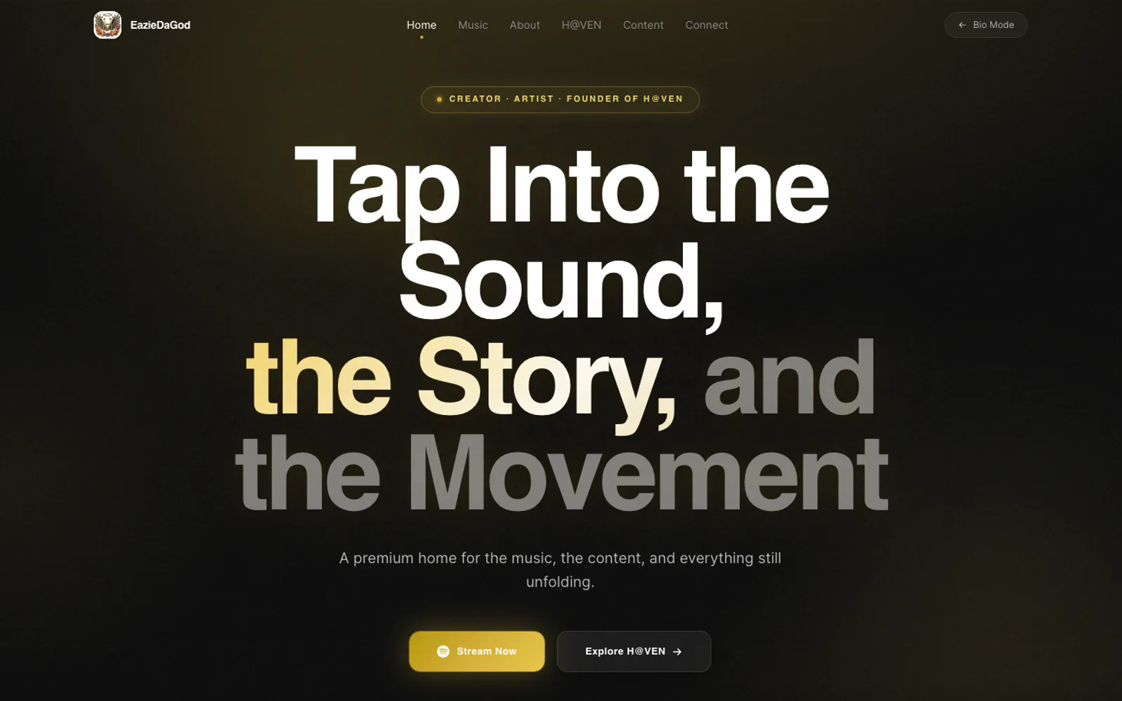 EazieDaGod full experience view showing the immersive artist platform entered from the mobile link-in-bio gateway.