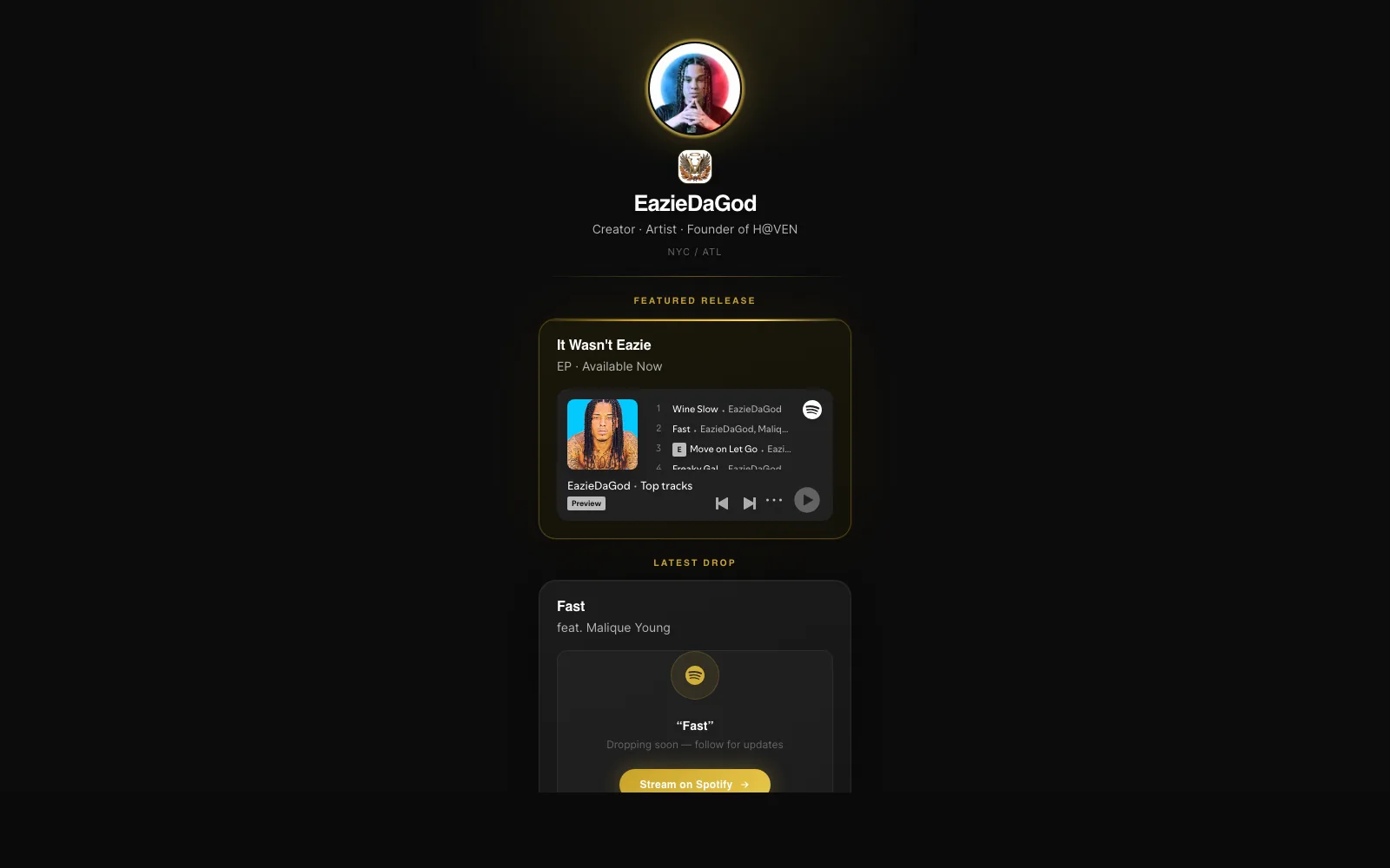 EazieDaGod artist platform showing a mobile-first creator identity system and fan routing experience.