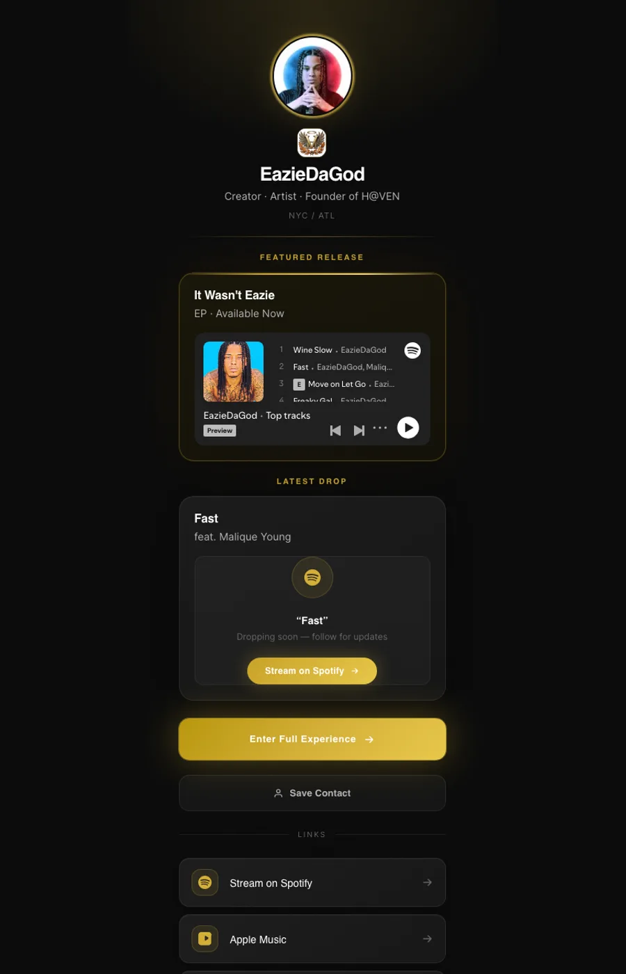 EazieDaGod mobile link-in-bio entry surface showing music, fan routing, contact actions, and the full-experience gateway.
