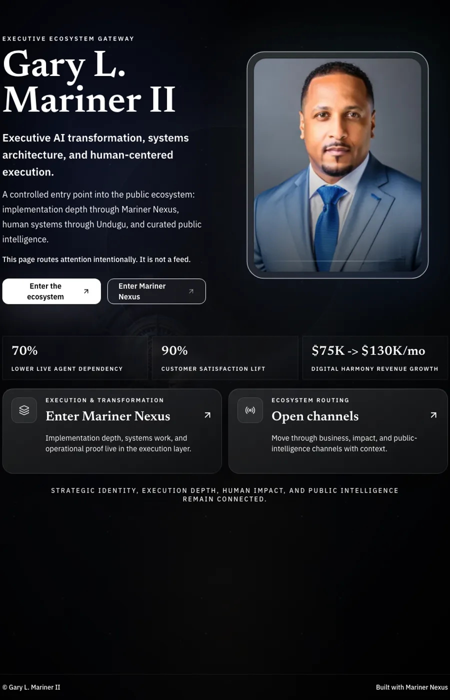 Gary L Mariner II social gateway page showing executive ecosystem routing into Mariner Nexus, Undugu Foundation, and public intelligence channels.