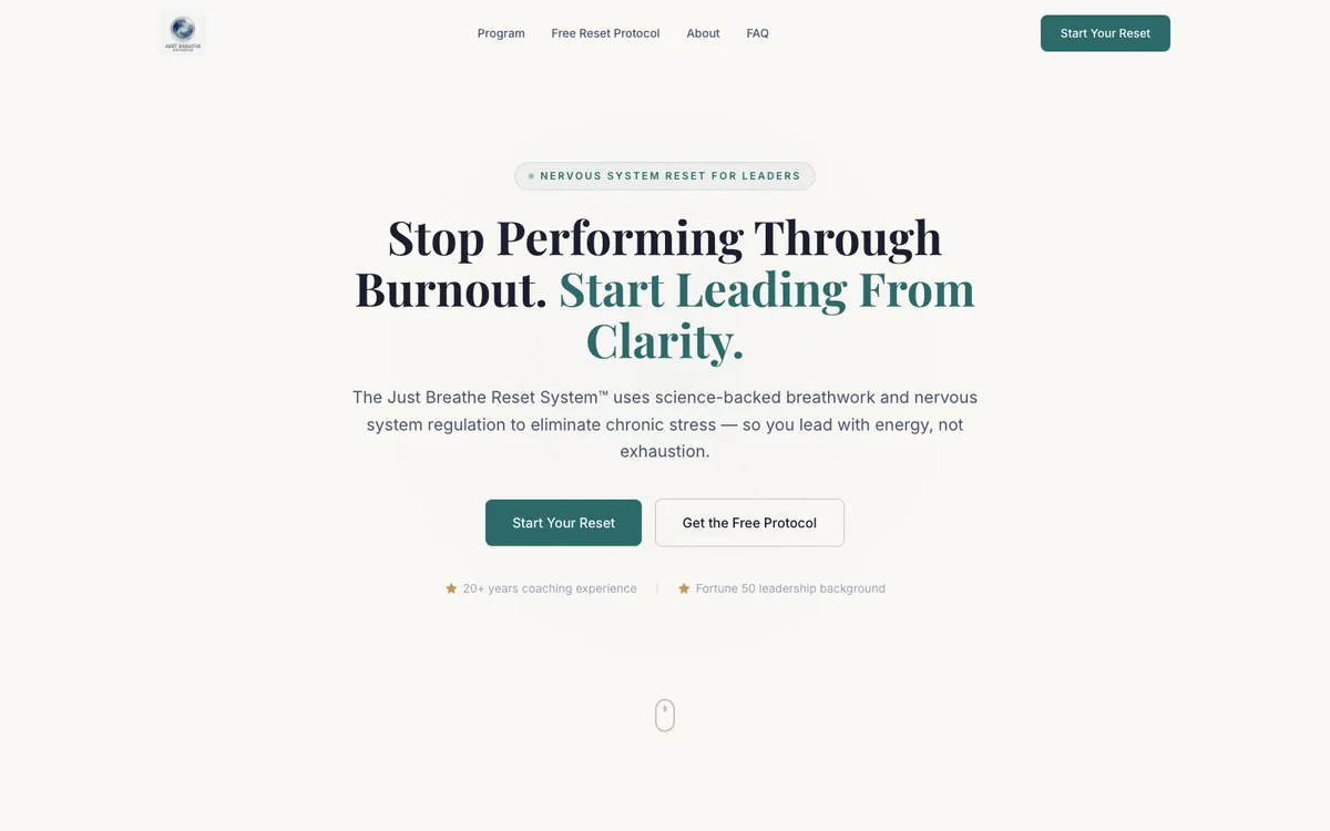 Just Breathe Reset homepage showing calm wellness program positioning and clear reset entry path.