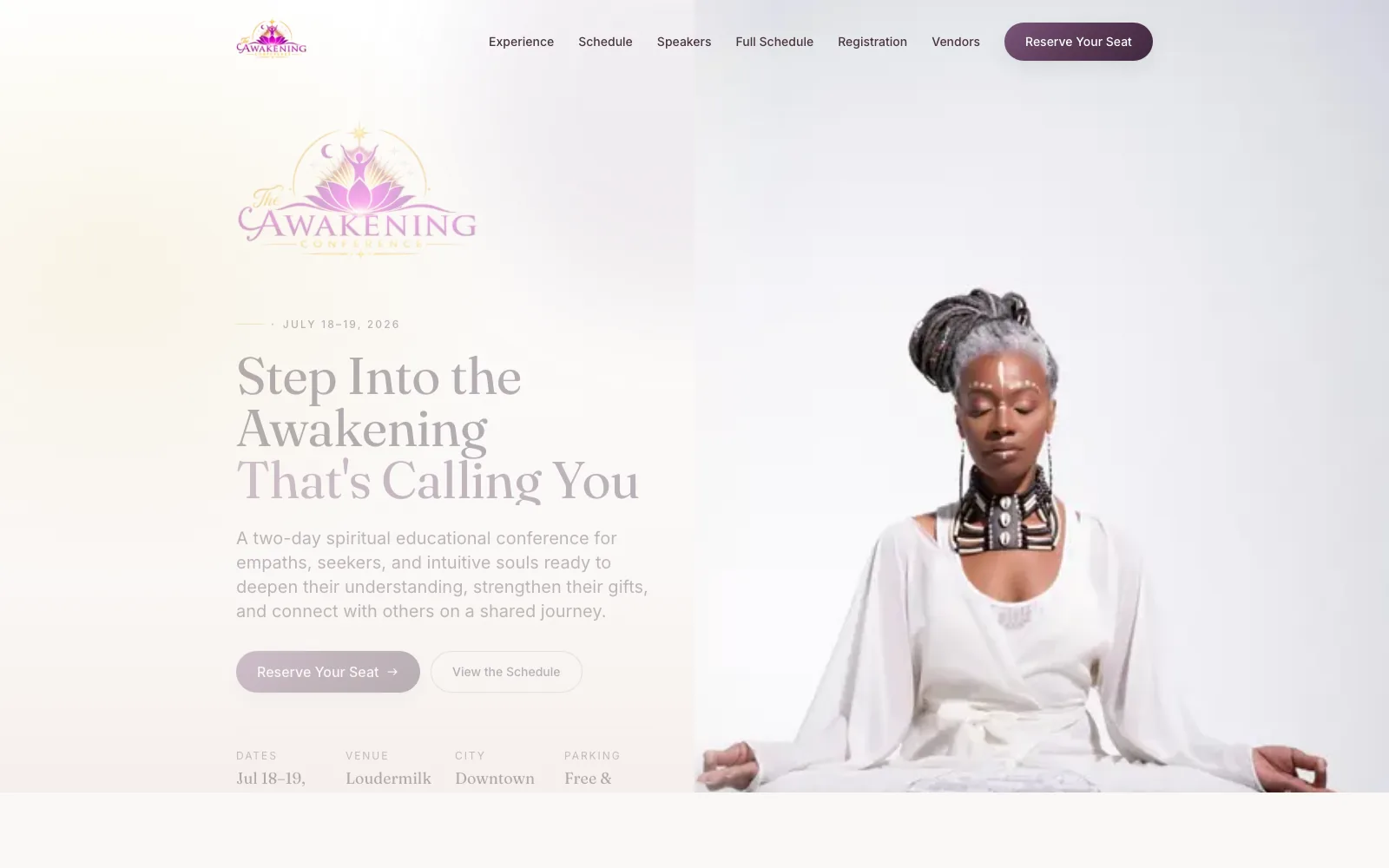Awakening desktop experience inviting visitors into a spiritual gathering through atmosphere and imagery.
