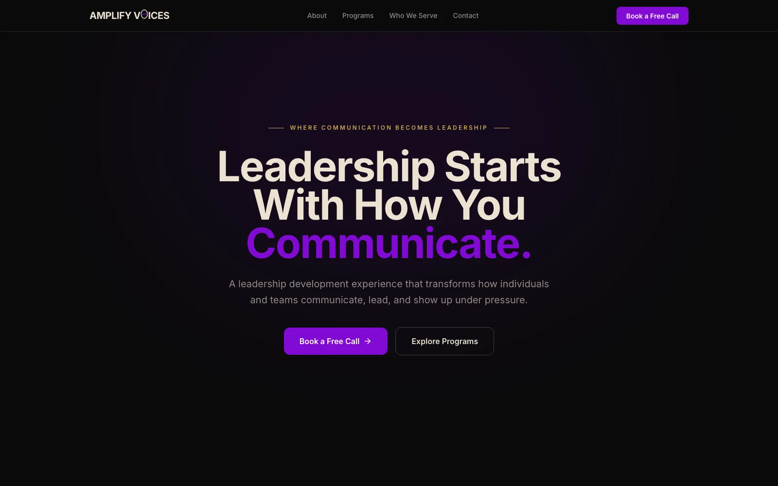 Amplify Voices homepage showing leadership communication positioning and program pathways.