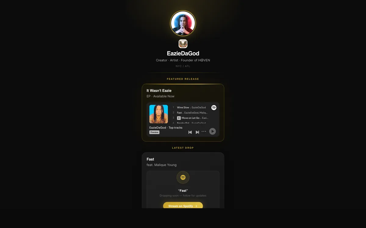 EazieDaGod artist platform showing a mobile-first creator identity system and fan routing experience.