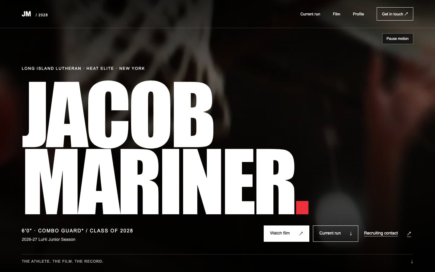 Jacob Mariner desktop recruiting experience showing his athlete identity, current program context, and direct film and recruiting paths.