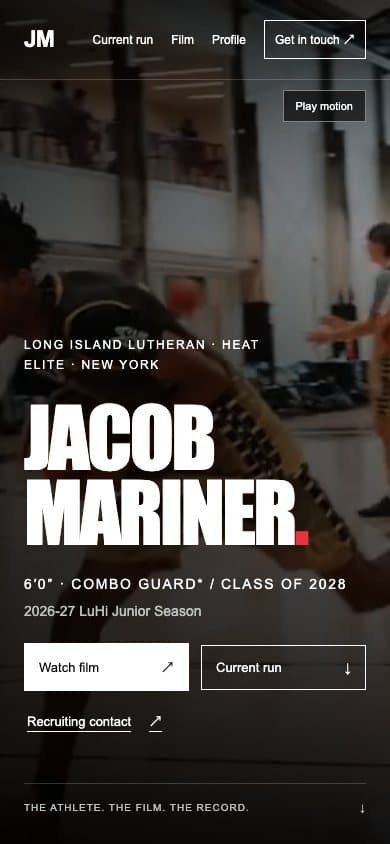 Jacob Mariner mobile recruiting experience with his identity, current program context, film actions, and recruiting contact visible in one opening view.