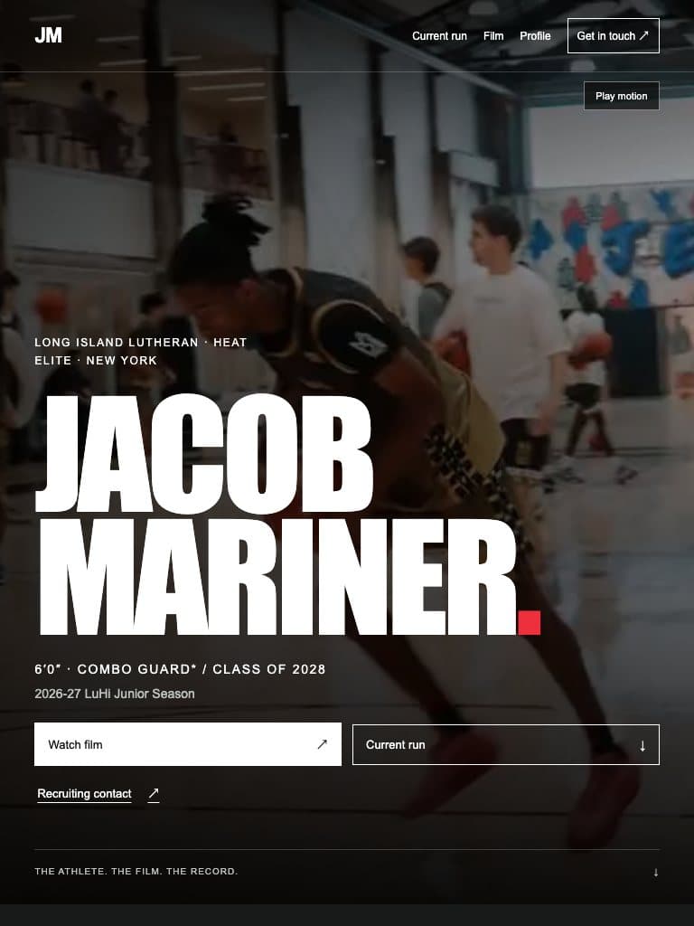Jacob Mariner tablet recruiting experience with athlete identity, film navigation, and contact pathways composed for an intermediate viewport.
