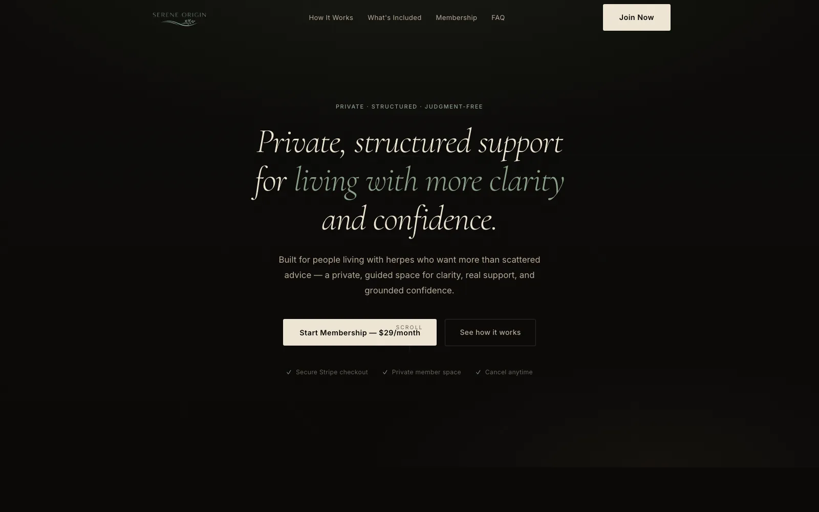 Serene Origins desktop experience introducing private structured support with calm editorial typography.