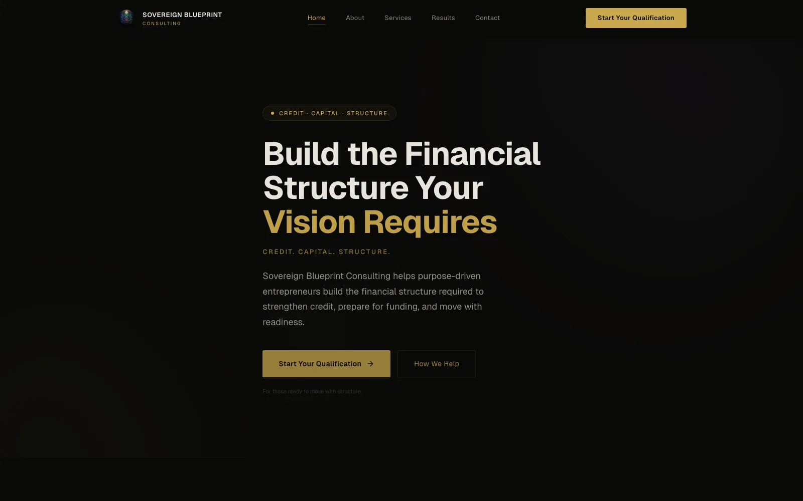 Sovereign Blueprint Consulting desktop experience with strong financial structure positioning and qualification action.